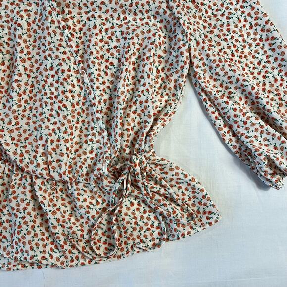 Cottagecore Floral Boho Peplum Blouse White Orange Small Dainty Quarter Sleeve - Picture 3 of 8